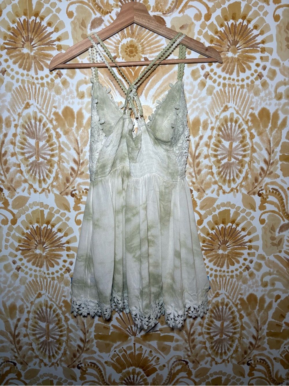 POL Anthropologie Style Lace Mini Dress Sage Green Crochet Boho Festival Strappy - Picture 6 of 9